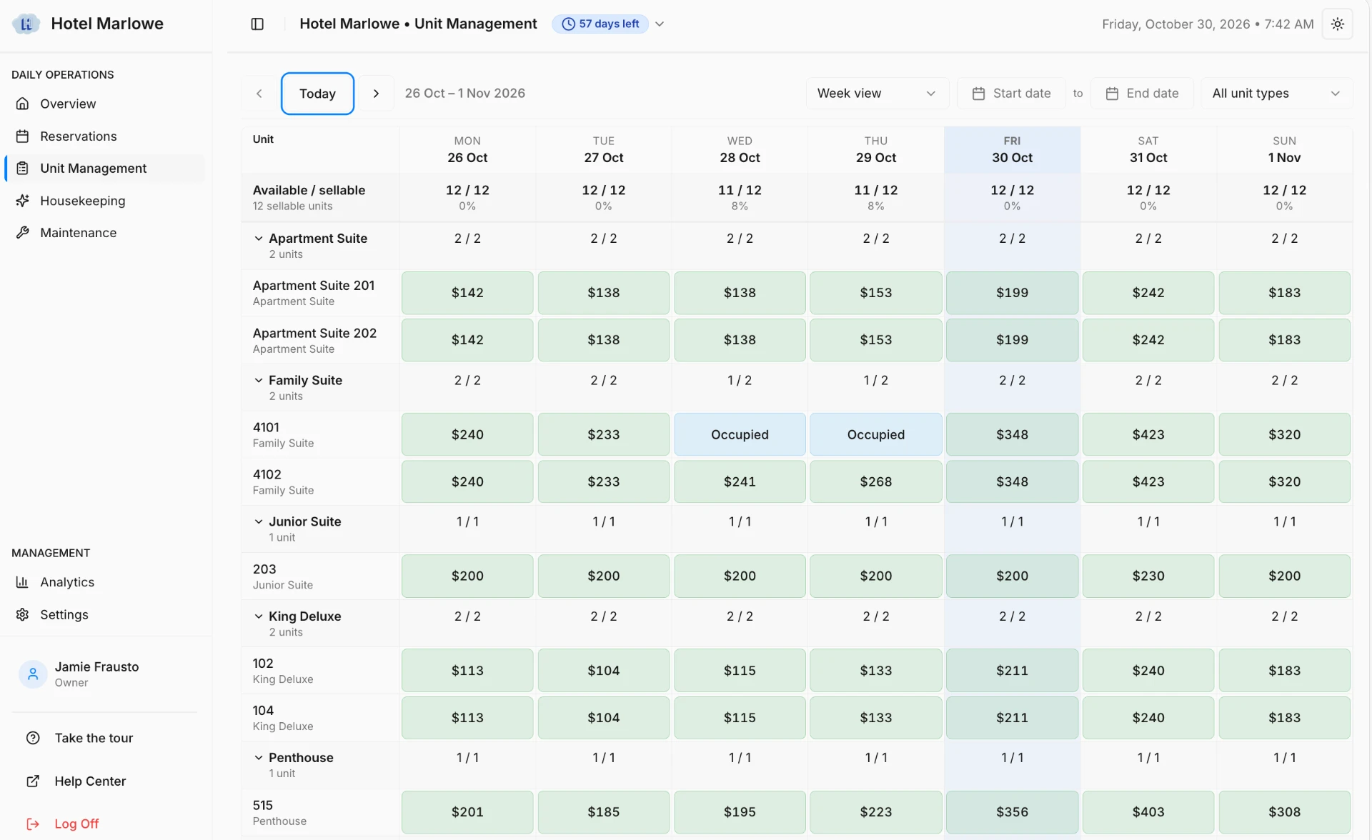 Hotelia availability calendar showing PriceLabs dynamic nightly rates by room type for the week of Oct 26 to Nov 1, 2026.