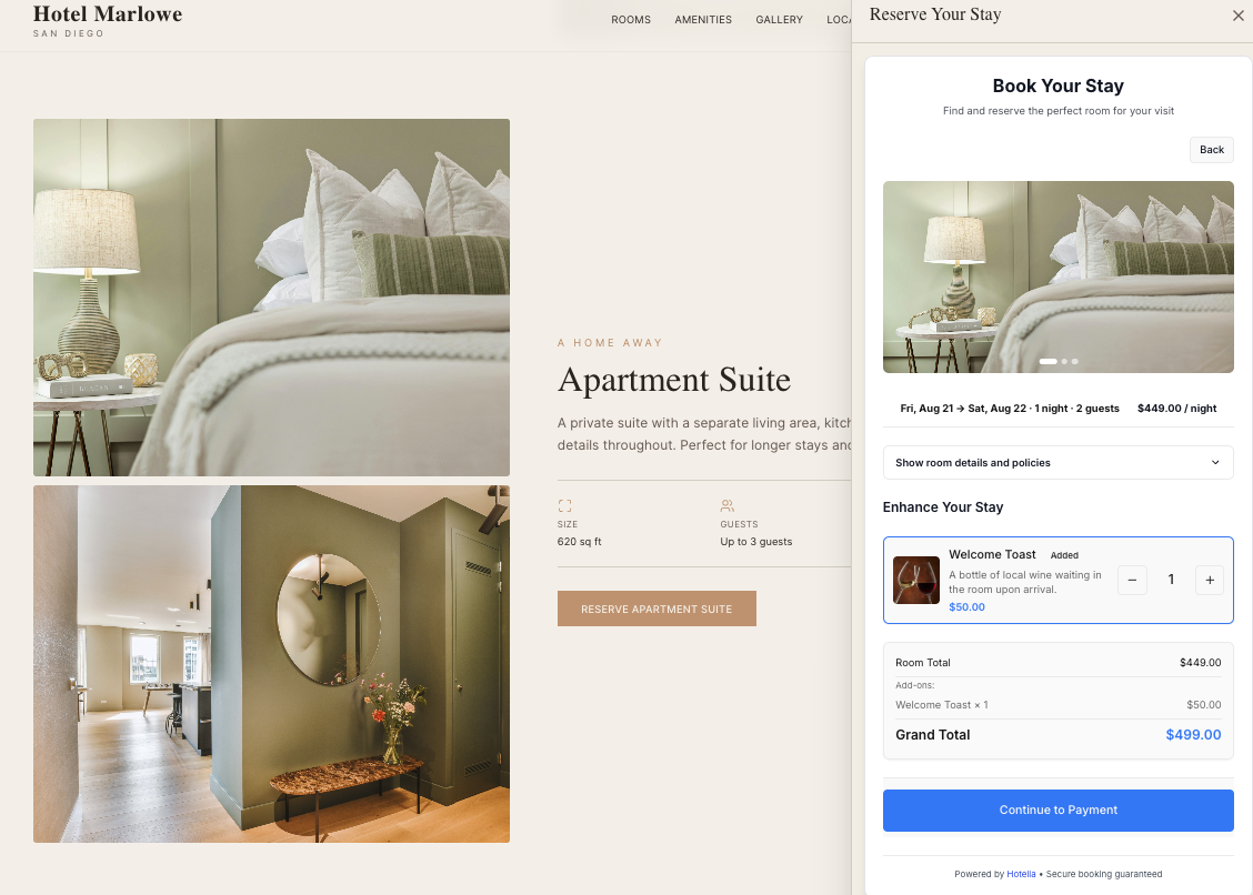 A booking checkout showing an Enhance Your Stay section with a welcome toast add-on added and a grand total