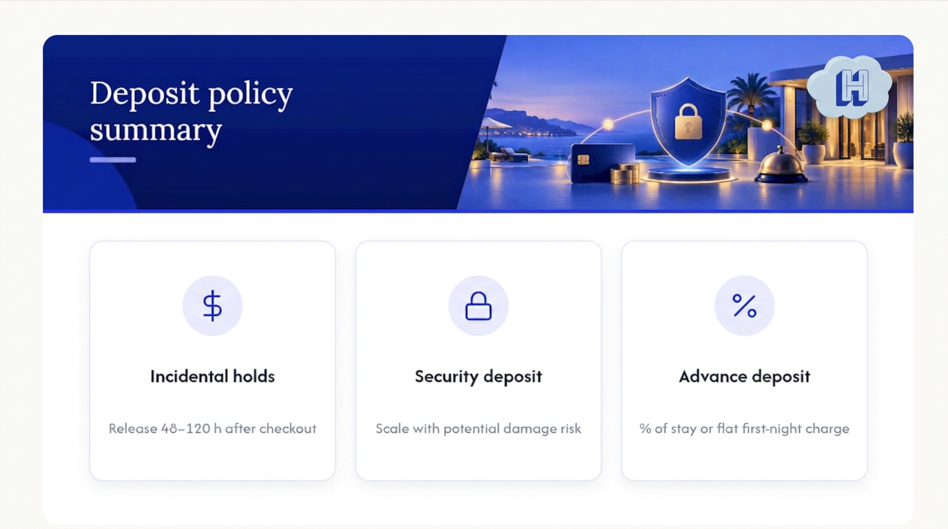 Deposit policy summary comparing incidental holds, security deposits, and advance deposits