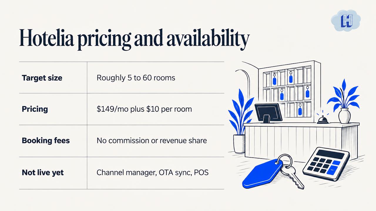 Hotelia pricing and availability: 5 to 60 rooms, $149 per month plus $10 per room, no commission, channel manager and POS not live yet