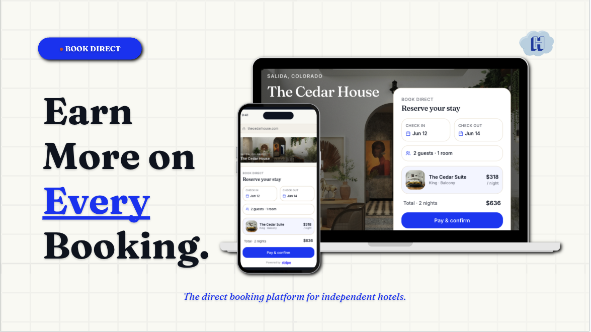 Hotelia direct booking widget shown on a laptop and phone for The Cedar House hotel website