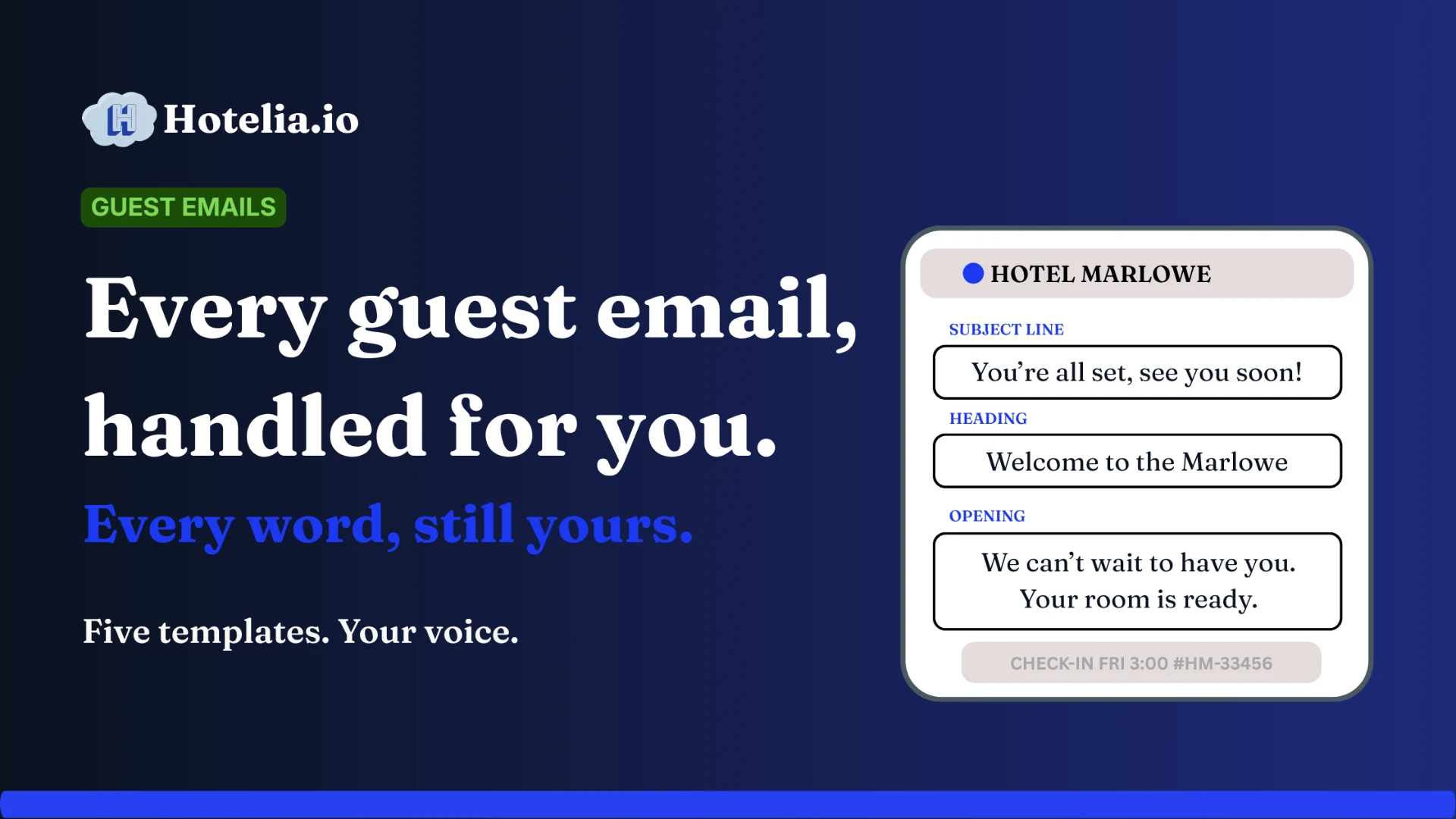 Hotelia customizable guest email templates, with an editable subject line, heading, and opening