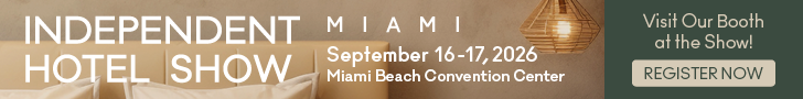 Independent Hotel Show Miami exhibitor banner: Visit Hotelia at booth, September 16 and 17