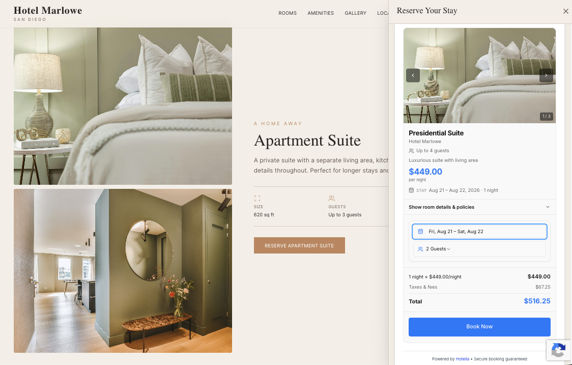 A hotel room page with a Hotelia booking widget open beside it showing rate, dates, guests, and total