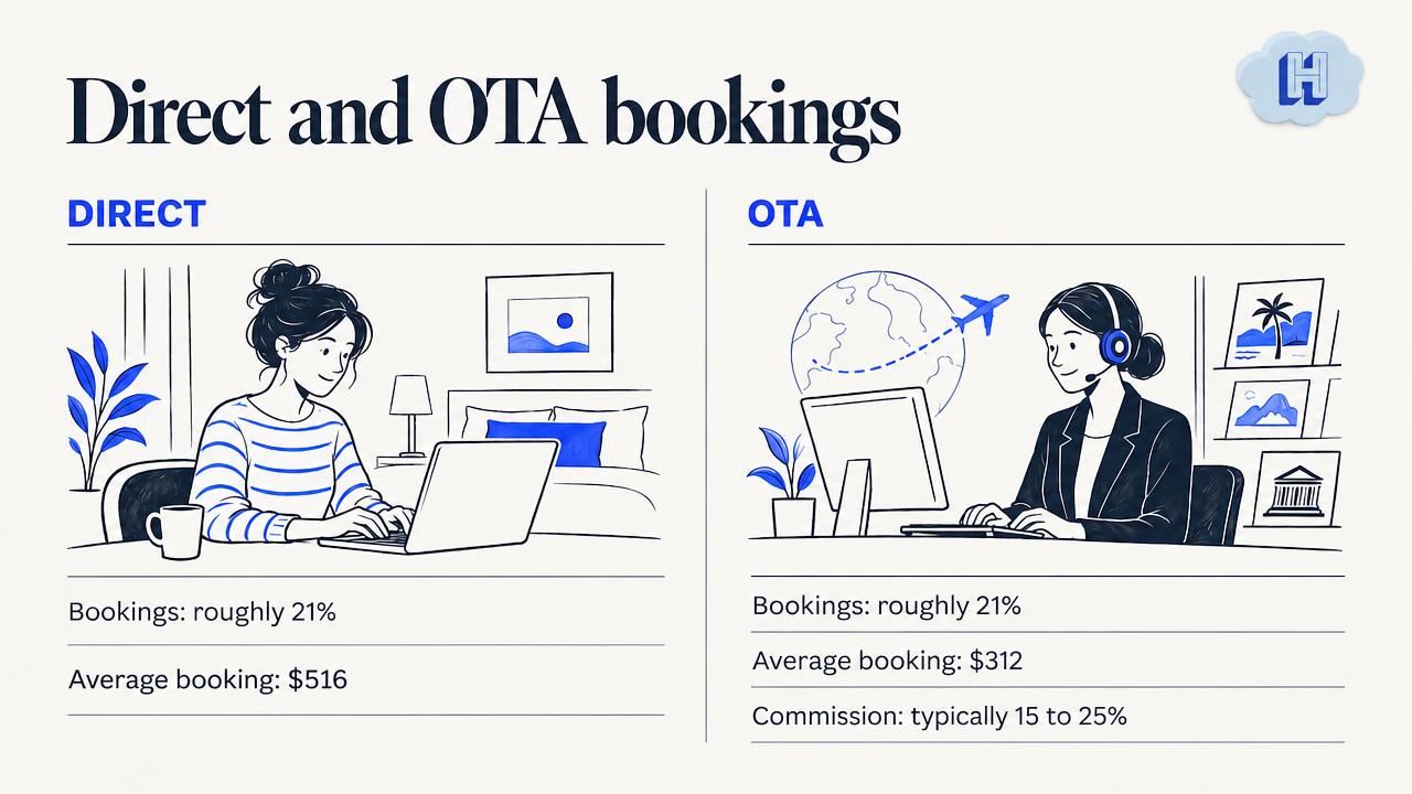 Direct and OTA bookings compared: roughly 21% share each, $516 versus $312 average booking, OTA commission typically 15 to 25%