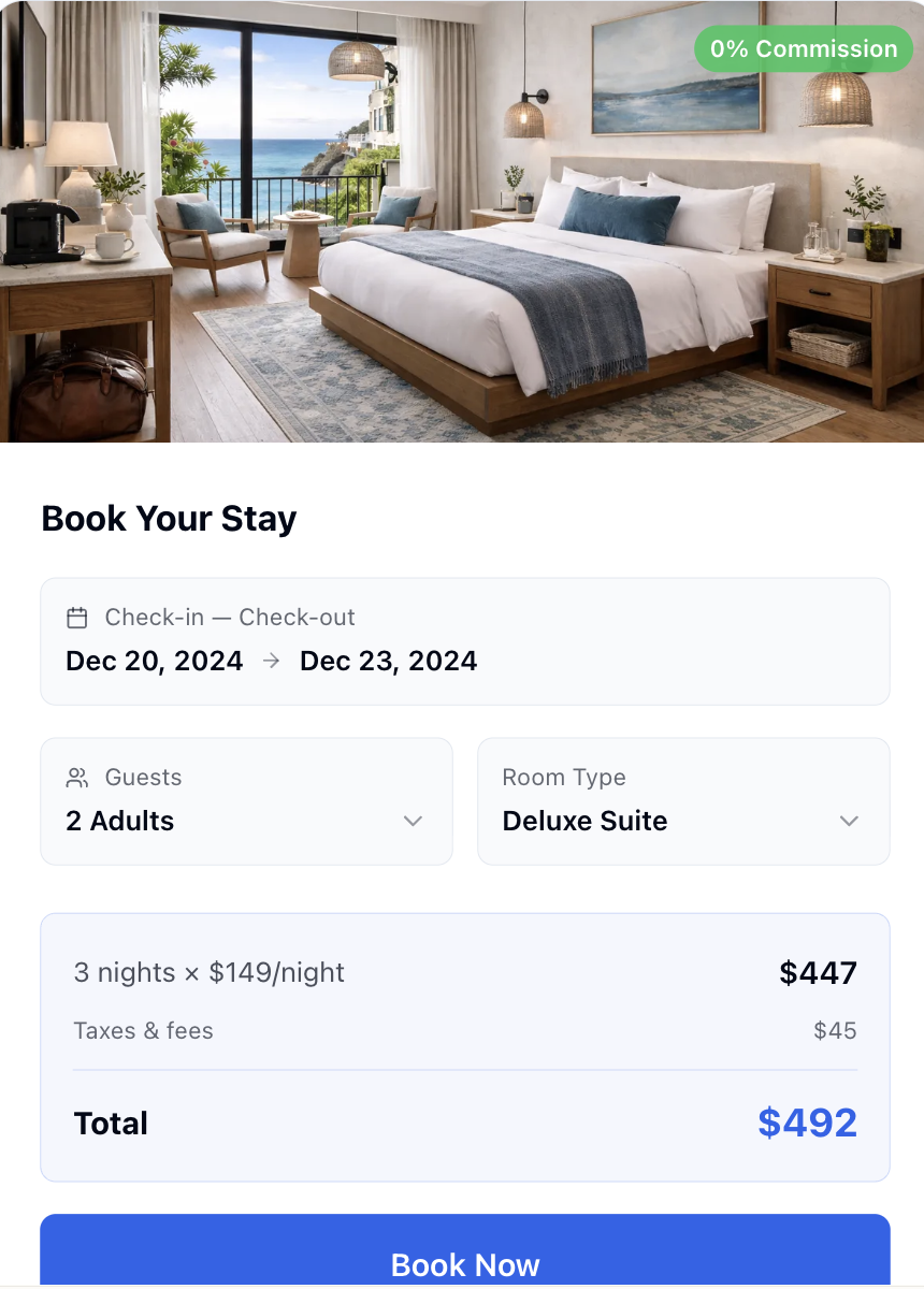 Hotelia direct booking checkout showing stay dates, room type, price breakdown, and total