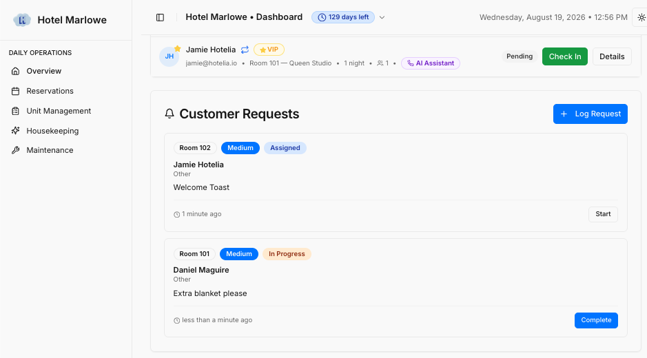A Hotelia dashboard customer requests panel showing add-on and special request tasks assigned to staff
