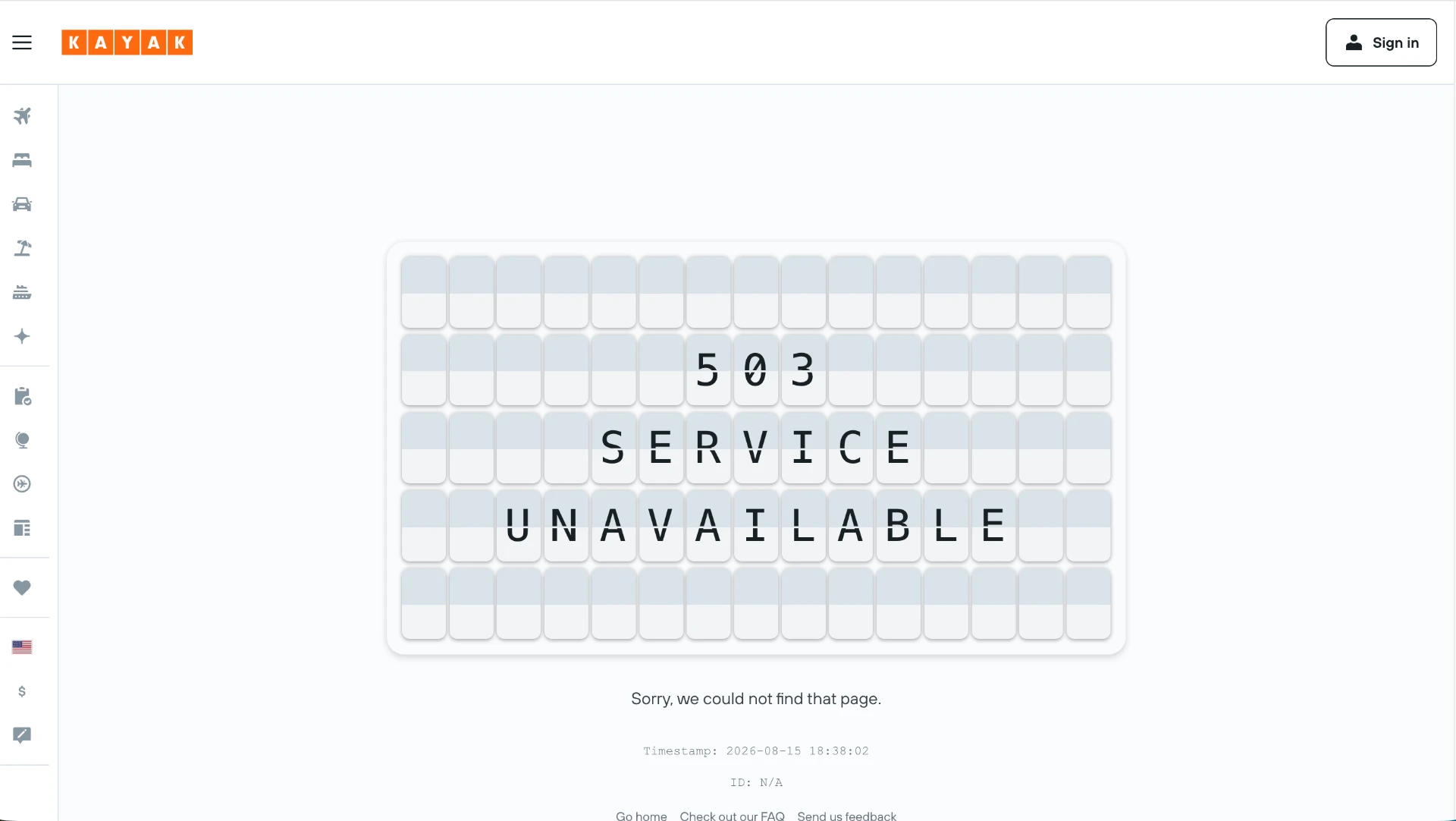 A hotel website book now button leading to a Kayak page showing a 503 service unavailable error