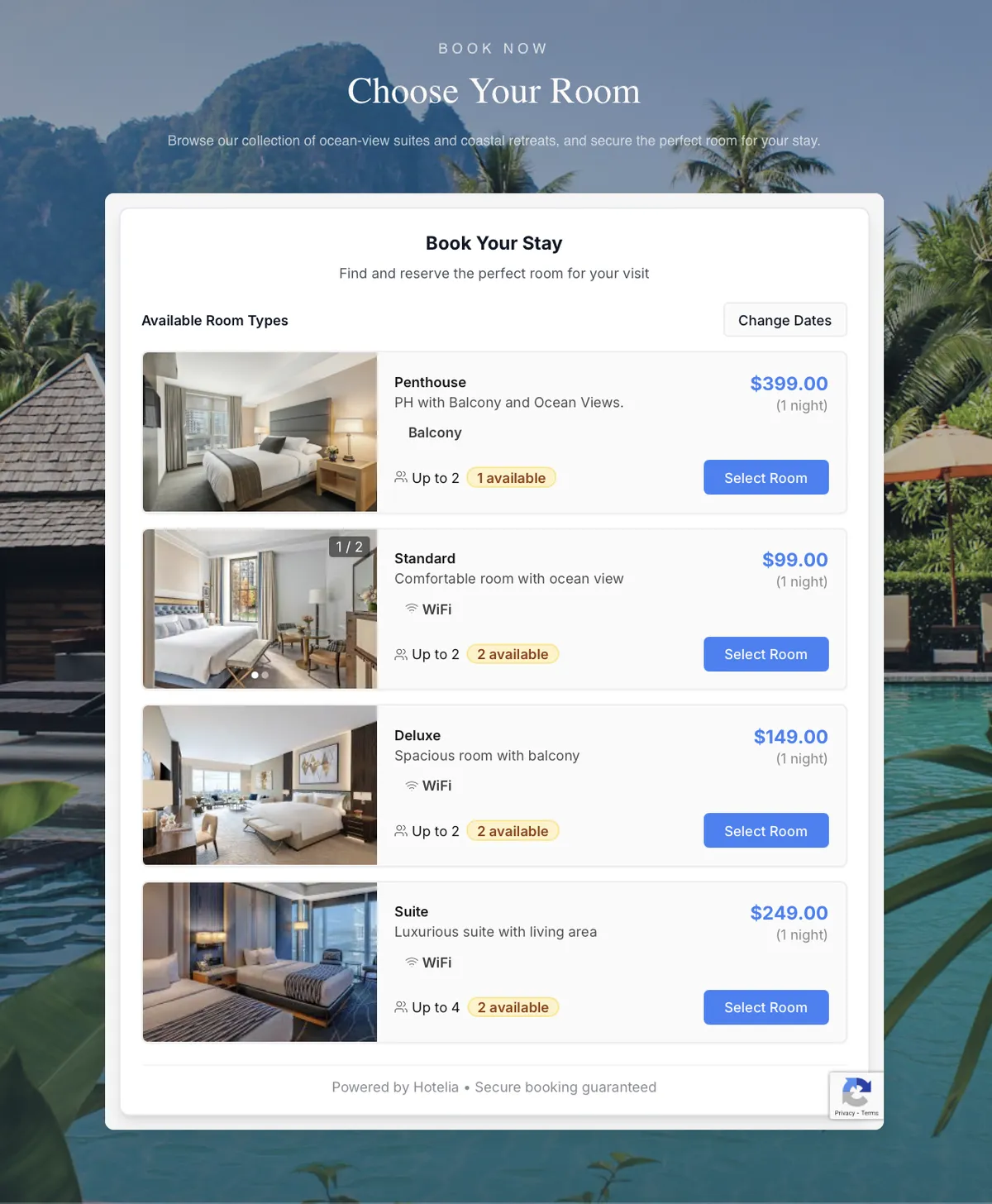 Hotel website with Hotelia booking widget embedded, showing direct booking capabilities