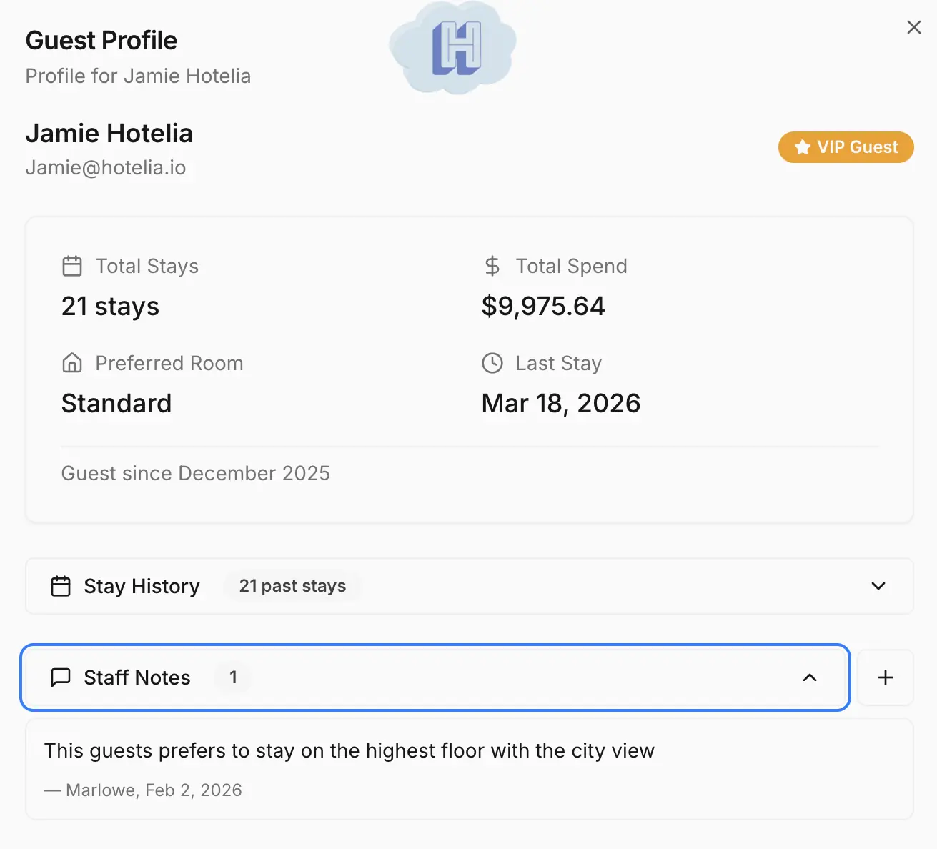 Hotelia guest profiles with saved preferences and add-on history