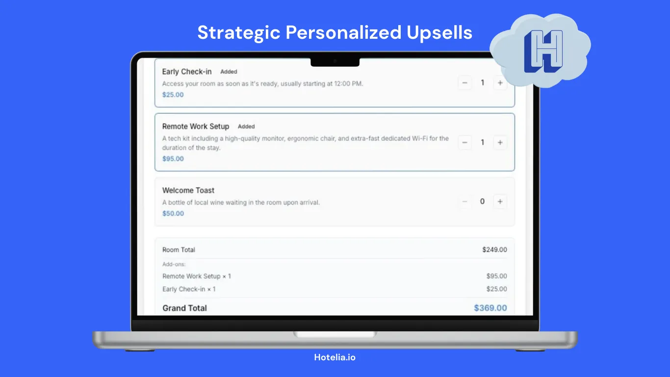 Hotelia strategic personalized upsells showing add-ons like early check-in, remote work setup, and welcome toast