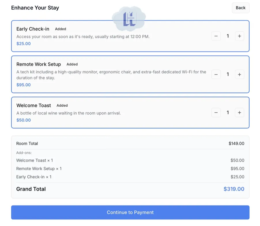 Hotelia customizable add-ons in the booking engine
