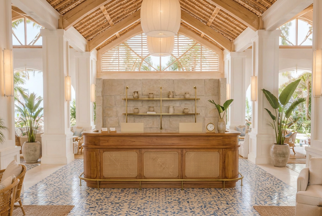 Warm, sand-toned boutique hotel front desk reception with cream columns, timber beams, and rattan seating