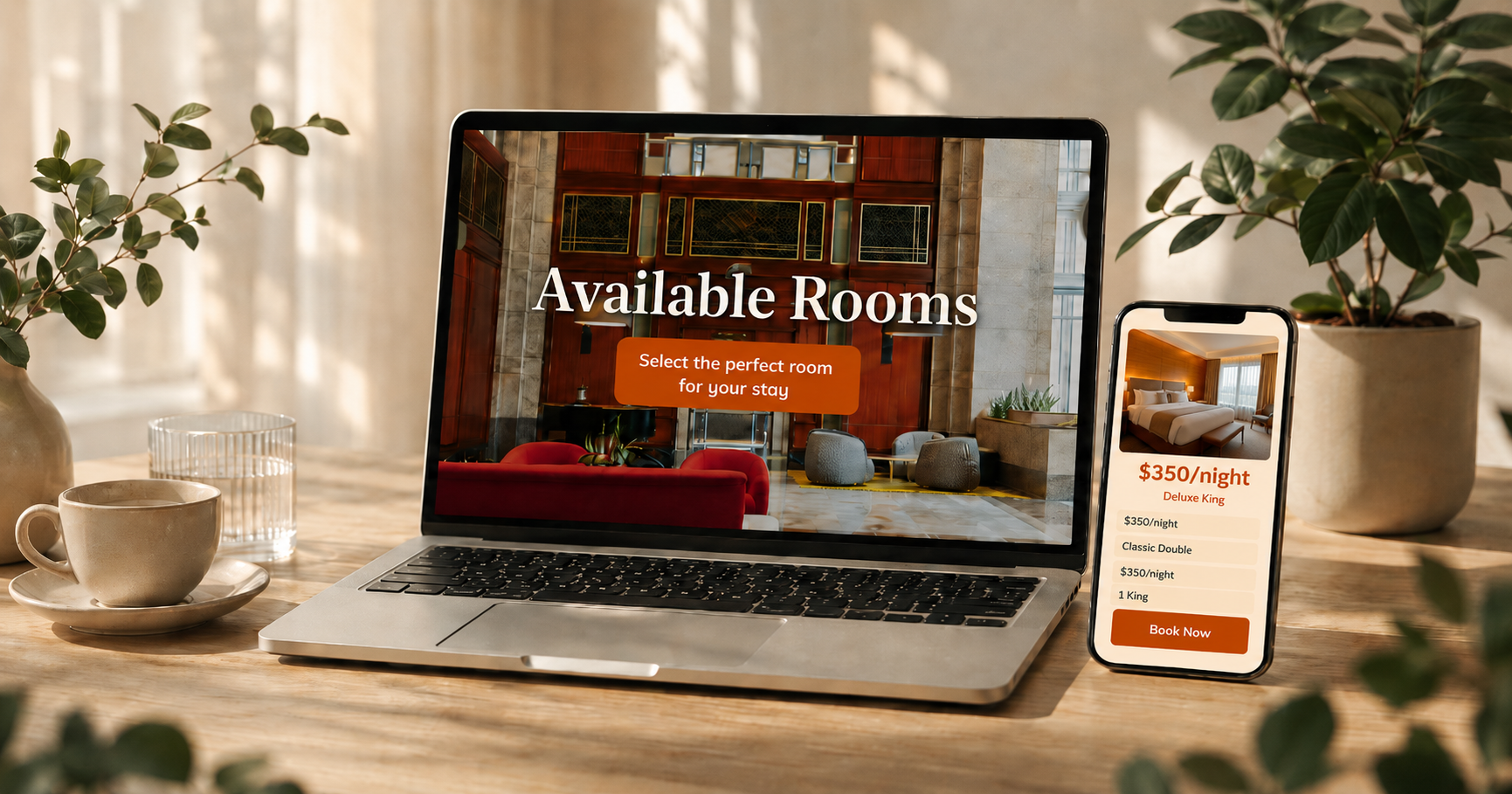 Hotel booking interface showing available rooms on laptop and mobile devices