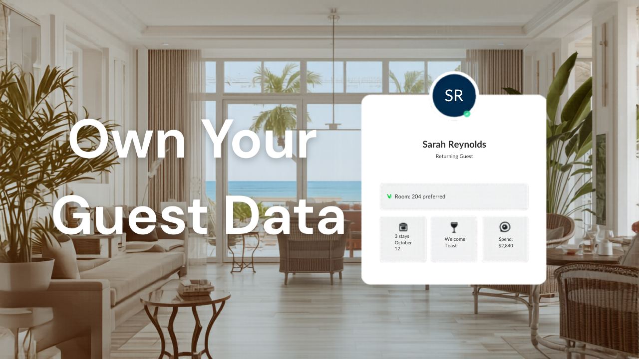 Own Your Guest Data — returning guest profile shown beside a luxury hotel lounge
