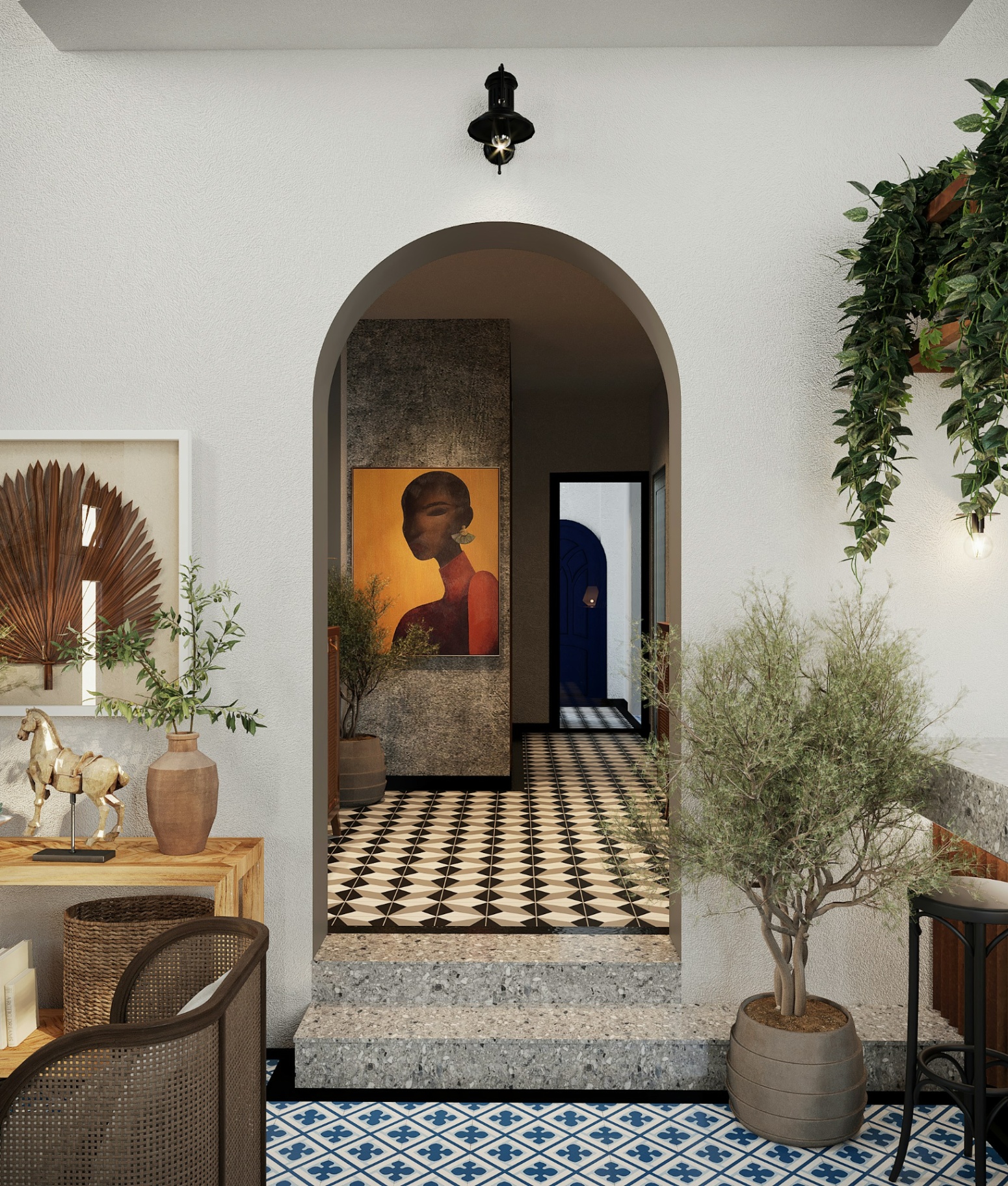 A bright, editorial-style boutique hotel interior with arched doorway and patterned tile floors, representing the new generation of independent hoteliers