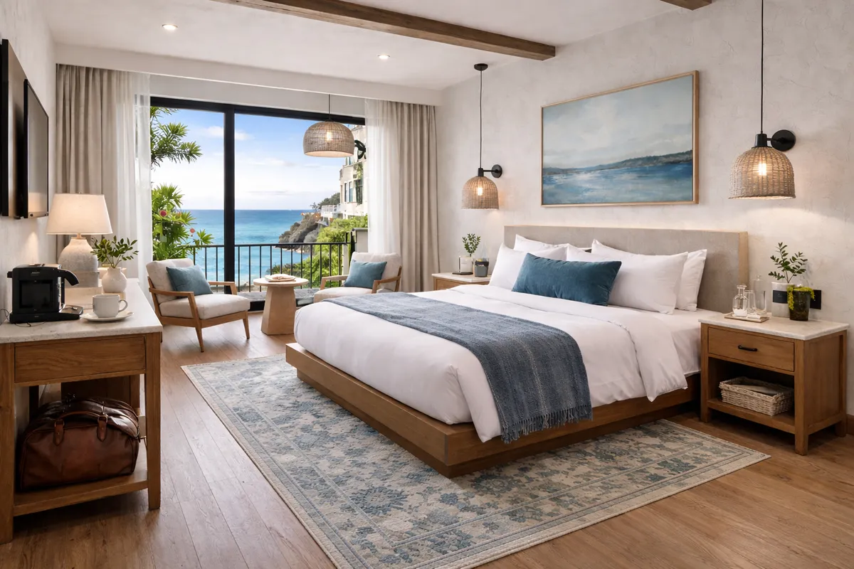 Luxurious hotel room with king bed